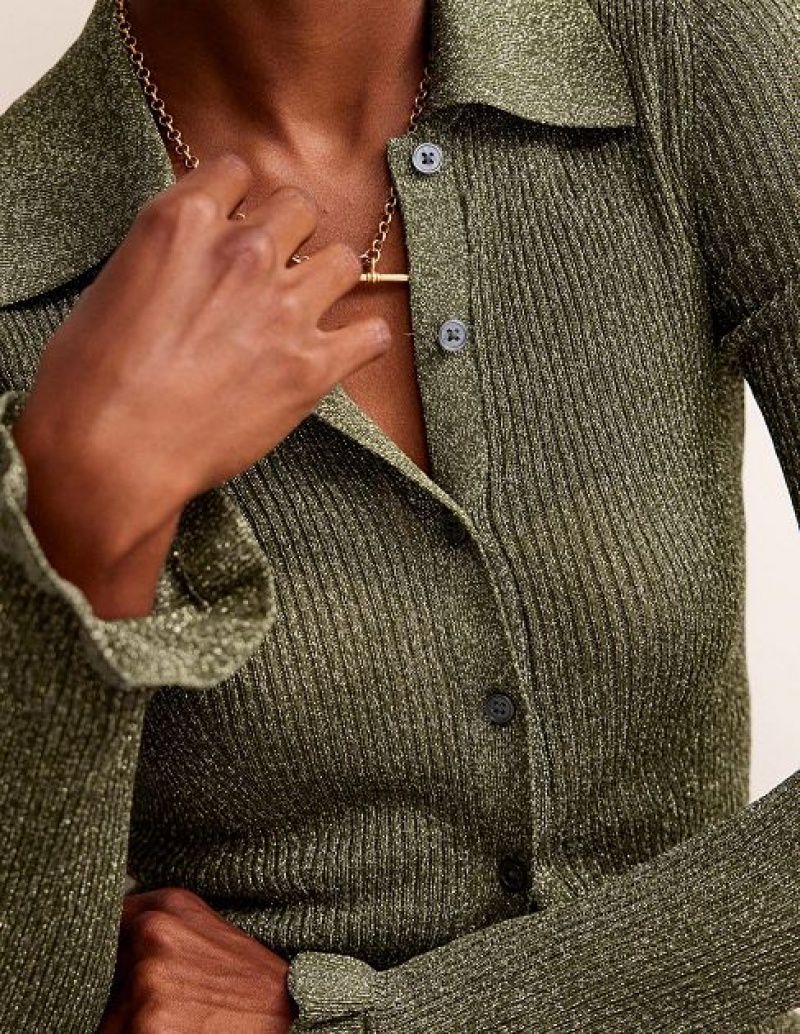 Olive Metal Women's Boden Sparkle Rib Collared Cardigan | 81325JDEG