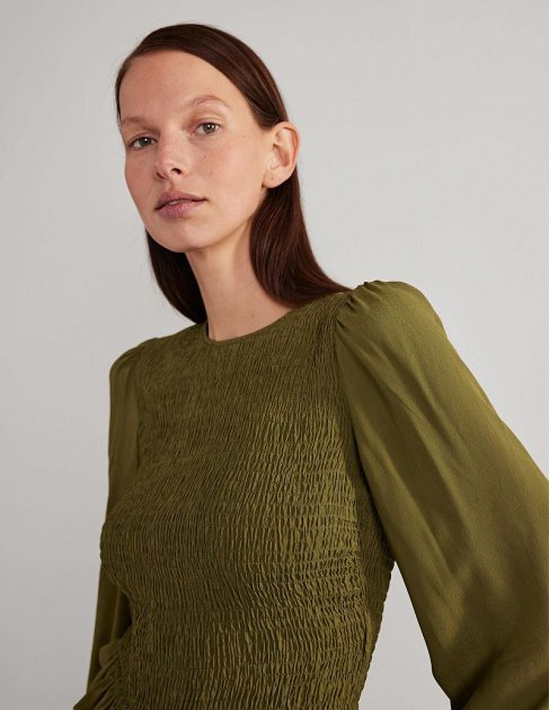 Olive Women's Boden Crew Neck Smocked Bodice Tops | 76018DRUM