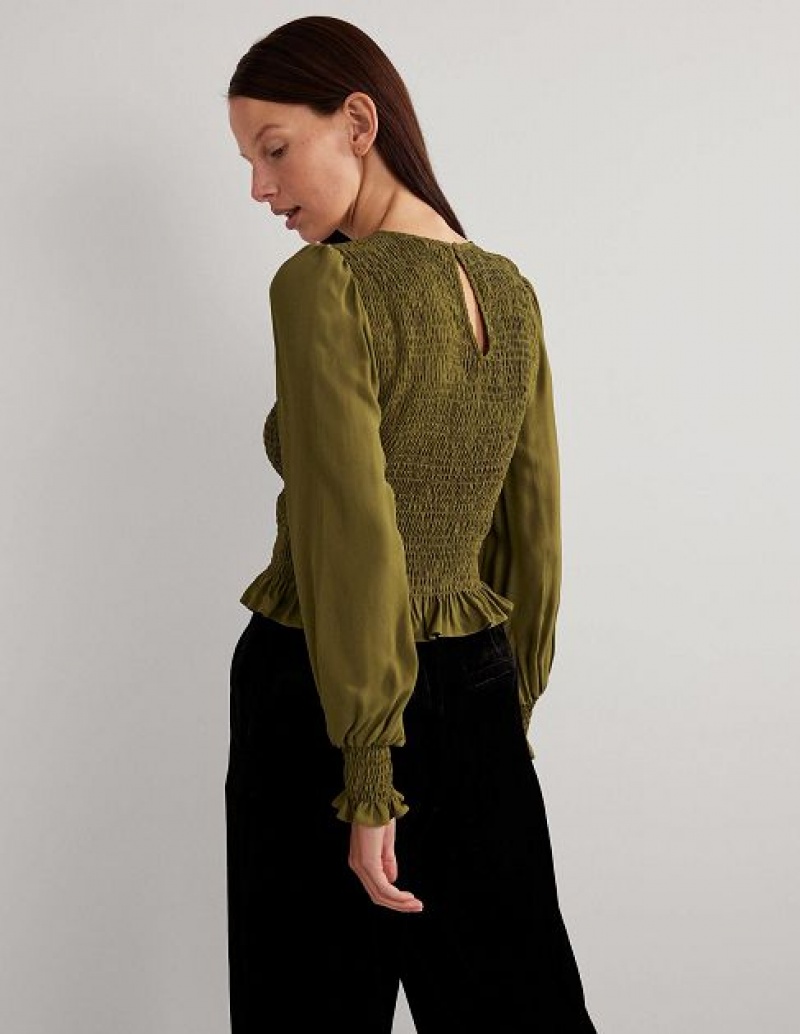 Olive Women's Boden Crew Neck Smocked Bodice Tops | 76018DRUM