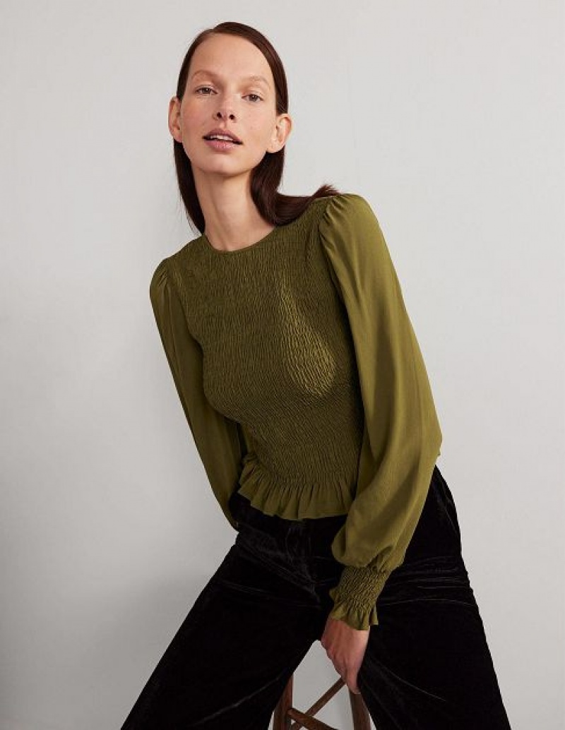 Olive Women's Boden Crew Neck Smocked Bodice Tops | 76018DRUM