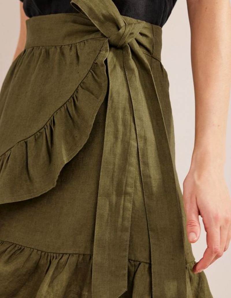 Olive Women's Boden Linen Flippy Wrap Skirts | 54289LMCW