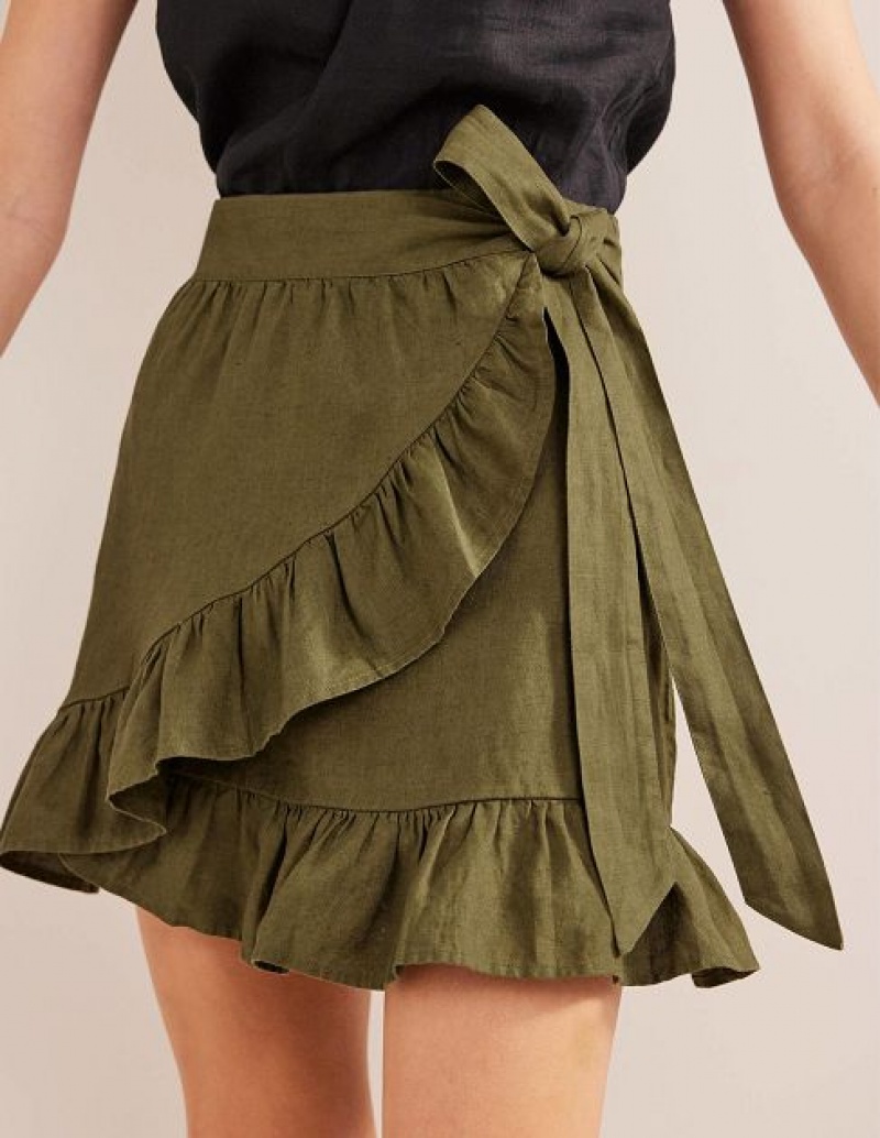 Olive Women's Boden Linen Flippy Wrap Skirts | 54289LMCW