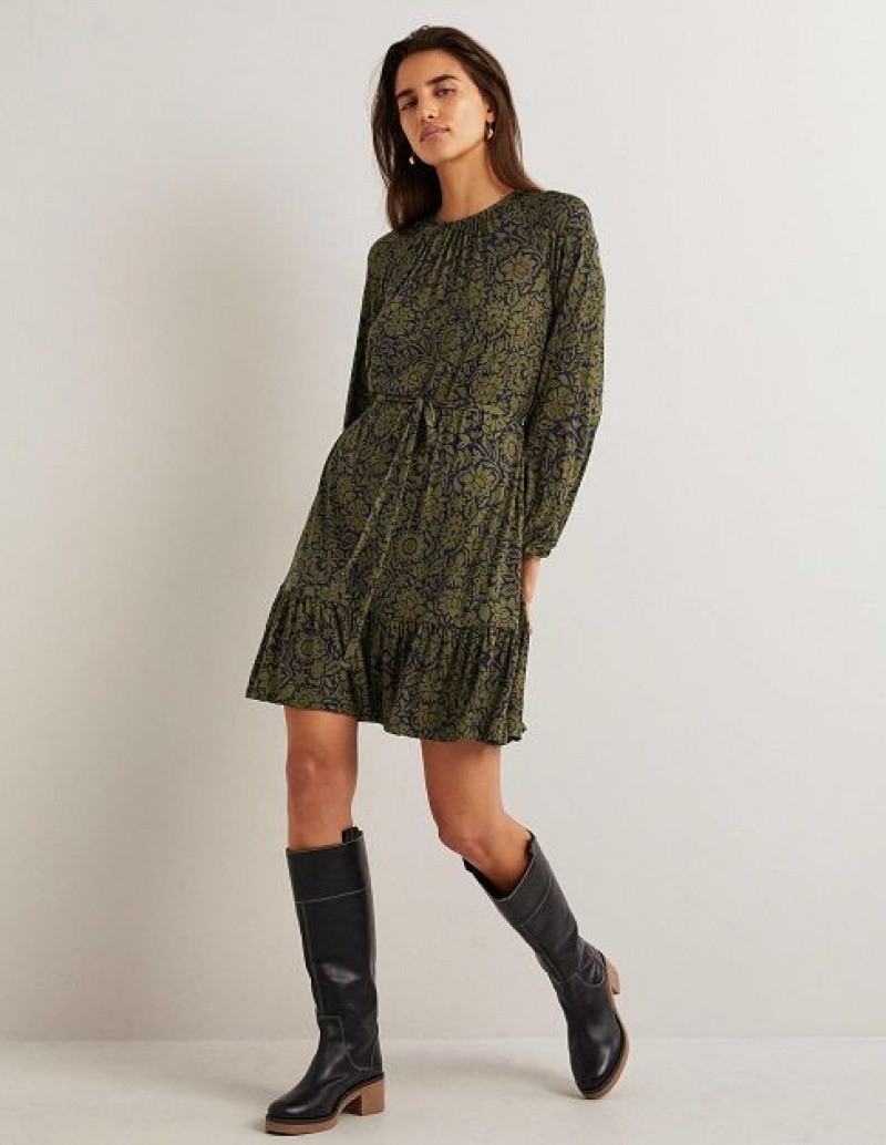 Olive / Navy Women's Boden Crew Neck Jersey Mini Dress | 58932UGYP