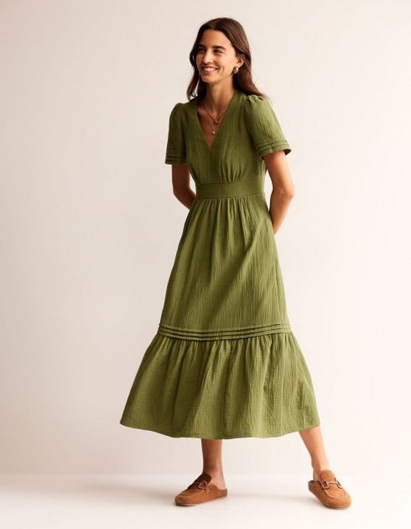 Olive / green Women's Boden Eve Double Cloth Midi Dress | 87462KWZT