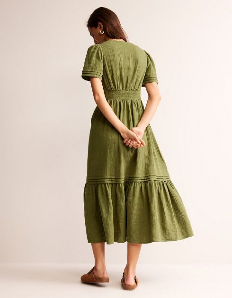 Olive / green Women's Boden Eve Double Cloth Midi Dress | 87462KWZT