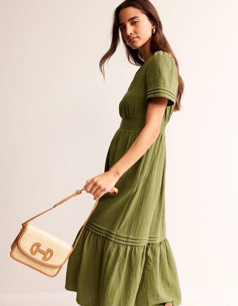 Olive / green Women's Boden Eve Double Cloth Midi Dress | 87462KWZT