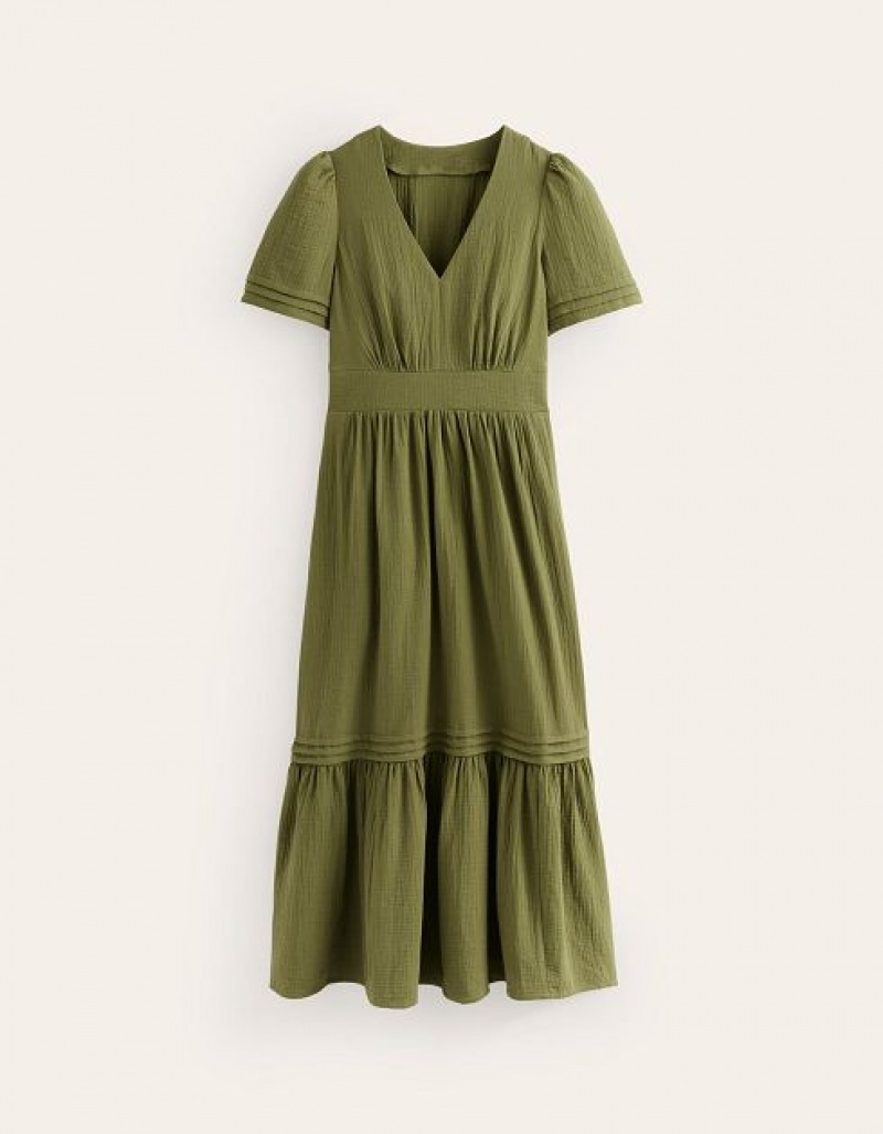 Olive / green Women's Boden Eve Double Cloth Midi Dress | 87462KWZT