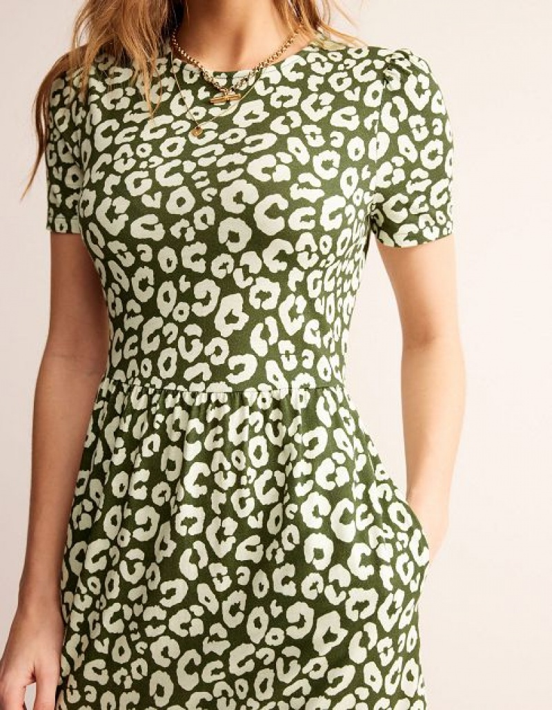 Olive / white Women's Boden Emma Tiered Jersey Midi Dress | 70328RWCY