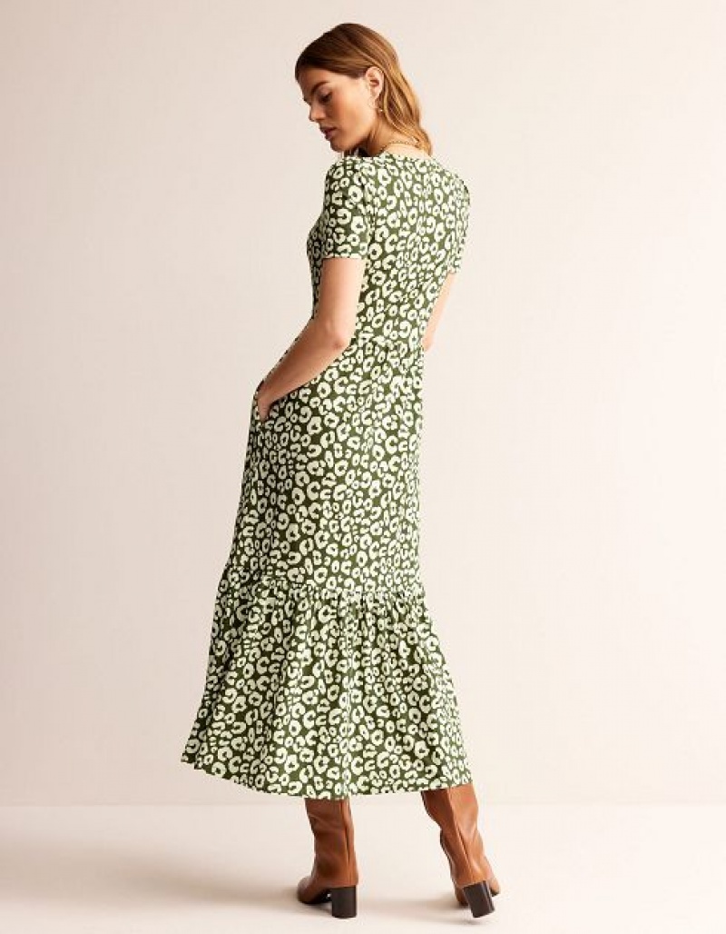 Olive / white Women's Boden Emma Tiered Jersey Midi Dress | 70328RWCY