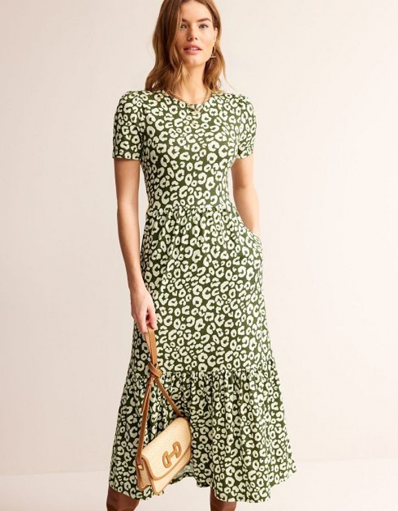 Olive / white Women's Boden Emma Tiered Jersey Midi Dress | 70328RWCY