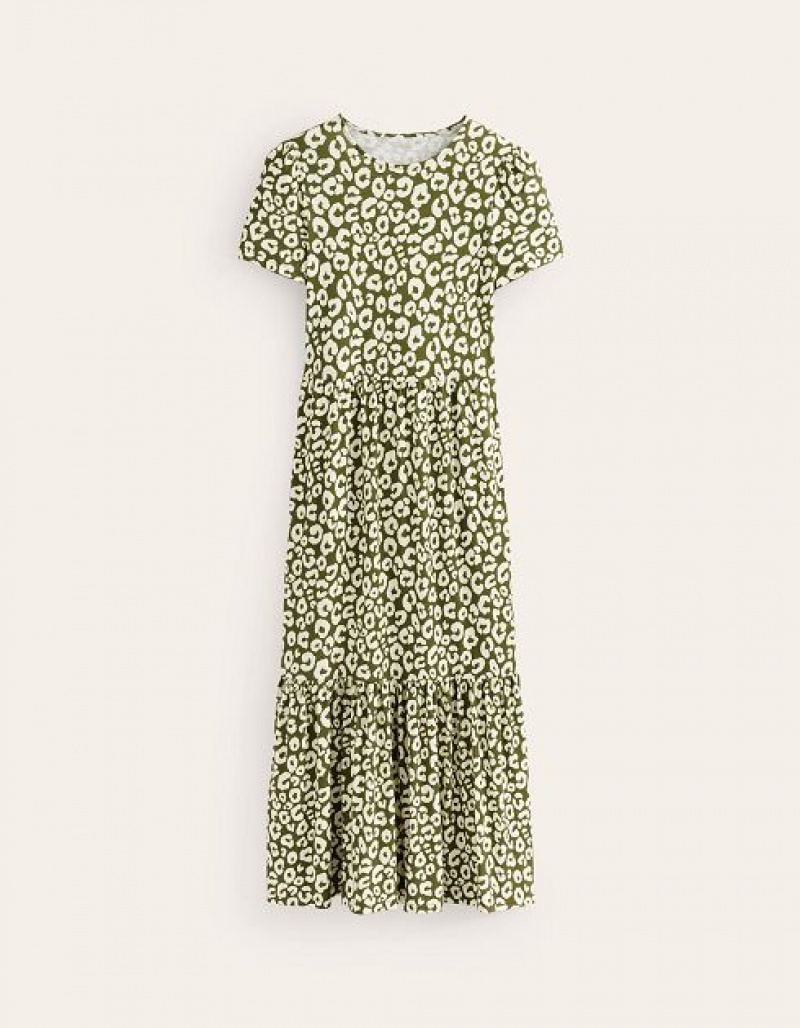 Olive / white Women's Boden Emma Tiered Jersey Midi Dress | 70328RWCY