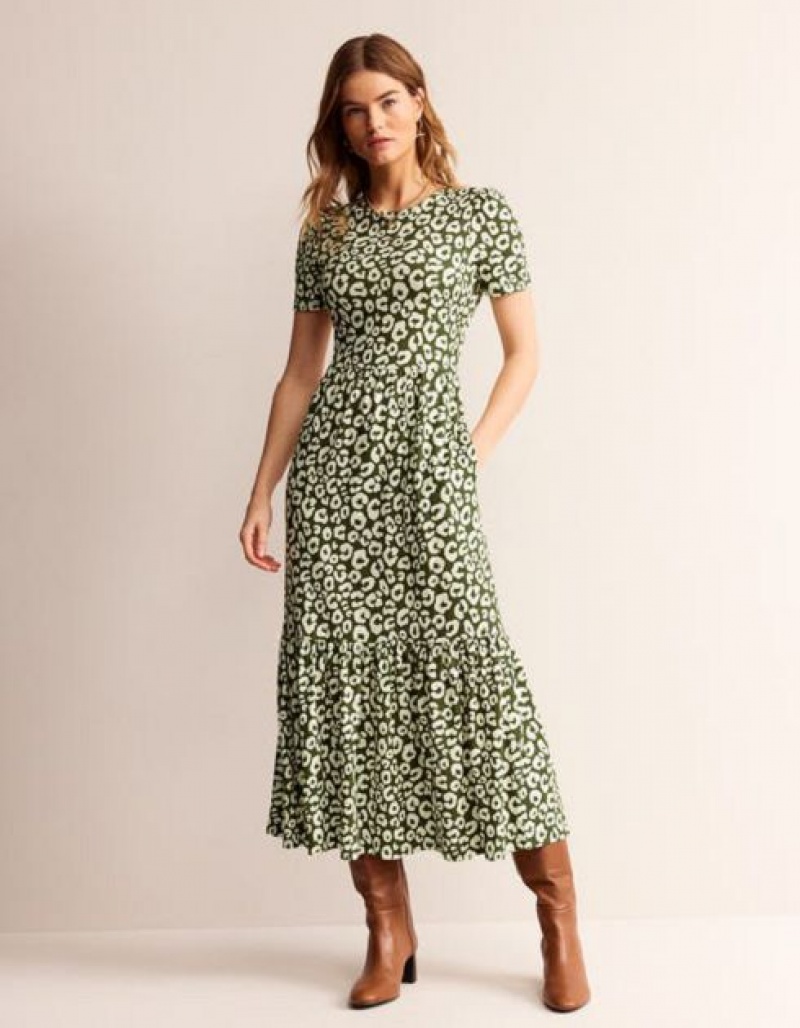 Olive / white Women's Boden Emma Tiered Jersey Midi Dress | 70328RWCY