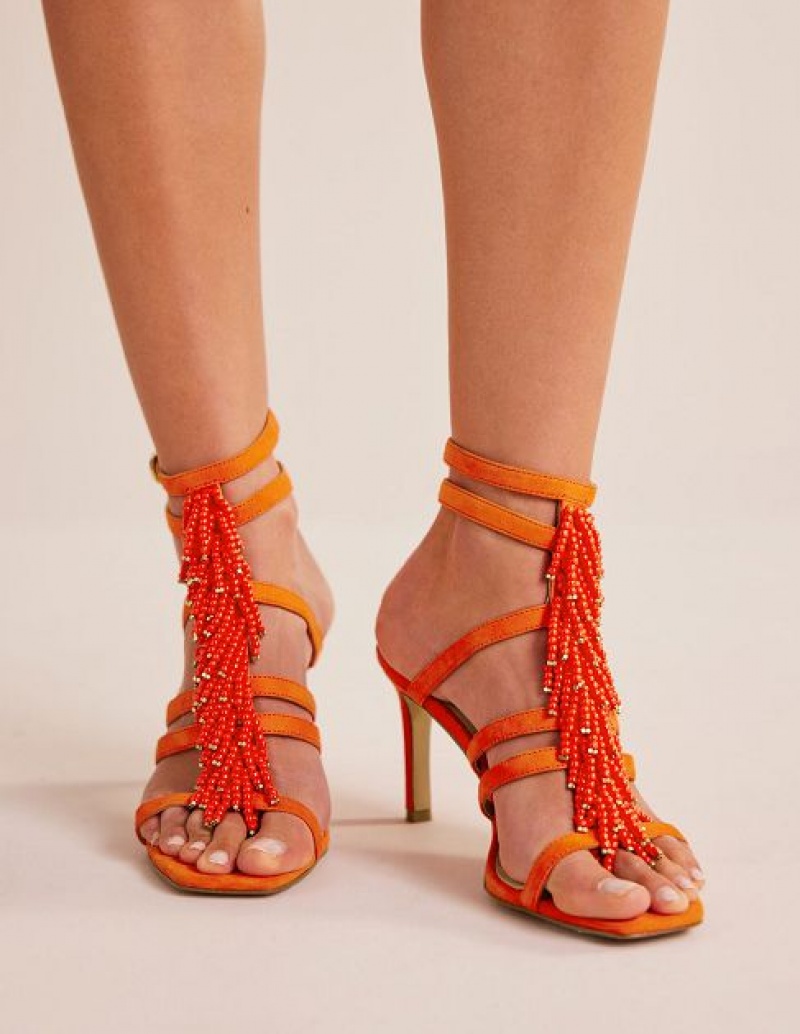 Orange Women's Boden Beaded Heeled Sandals | 85327QJZS