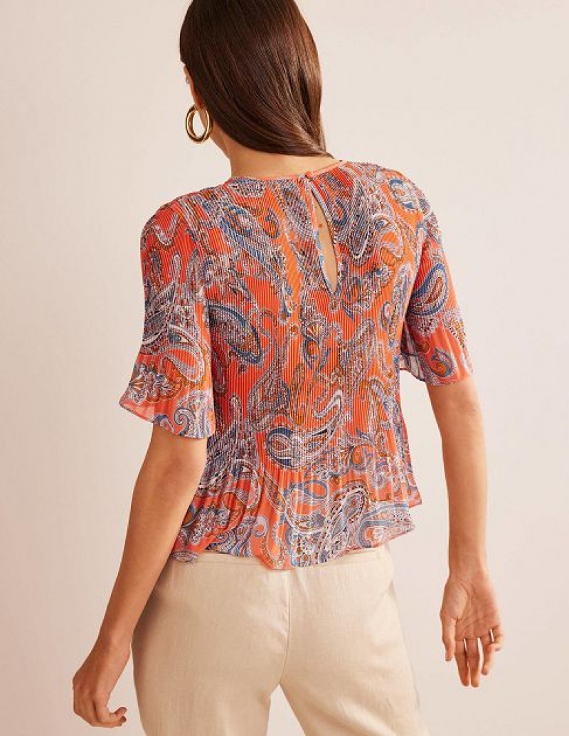 Orange Women's Boden Flutter-sleeve Plisse Tops | 26594ZEPF