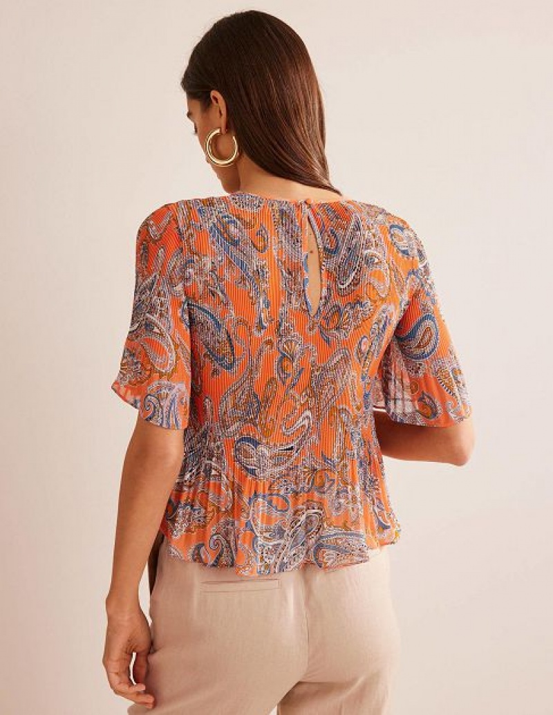 Orange Women's Boden Flutter-sleeve Plisse Tops | 26594ZEPF