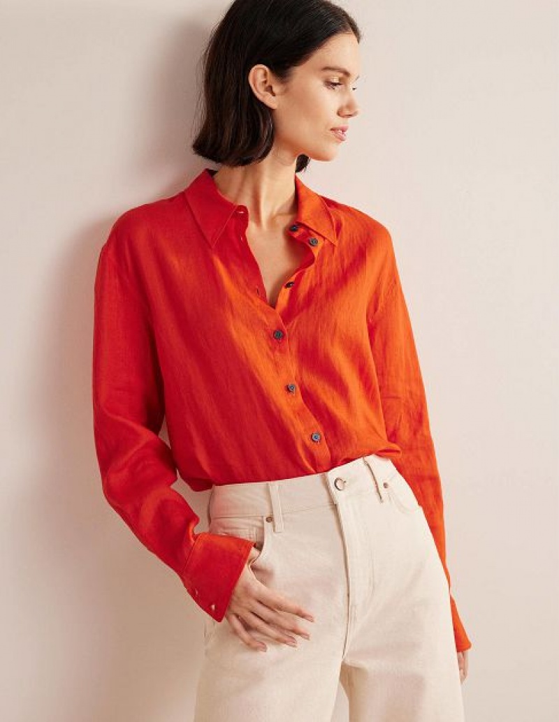 Orange Women's Boden Relaxed Linen Shirts | 59602HKRJ