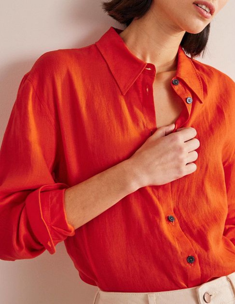 Orange Women's Boden Relaxed Linen Shirts | 59602HKRJ