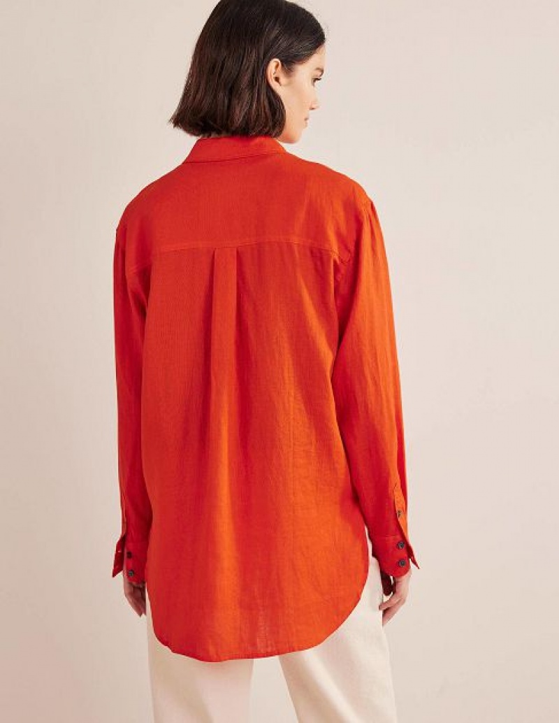 Orange Women's Boden Relaxed Linen Shirts | 59602HKRJ