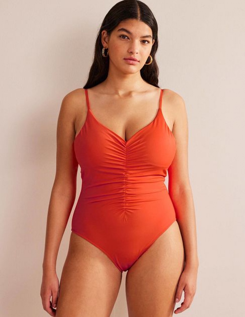 Orange Women's Boden Ruched V-neck Swimsuits | 52708XRNJ