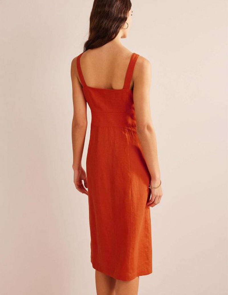 Orange Women's Boden Strappy Linen Midi Dress | 96810BMTV