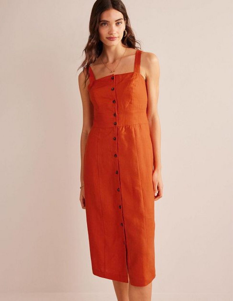 Orange Women's Boden Strappy Linen Midi Dress | 96810BMTV