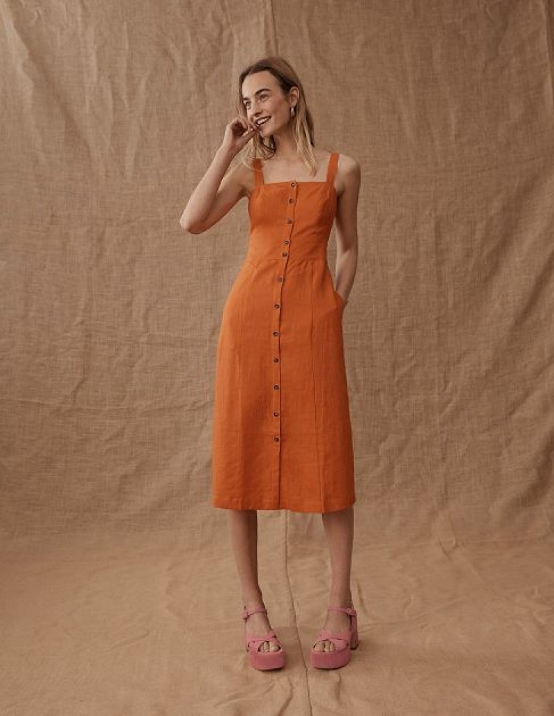 Orange Women's Boden Strappy Linen Midi Dress | 96810BMTV