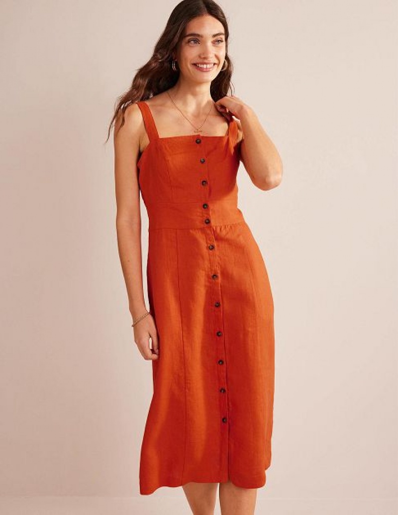 Orange Women\'s Boden Strappy Linen Midi Dress | 96810BMTV