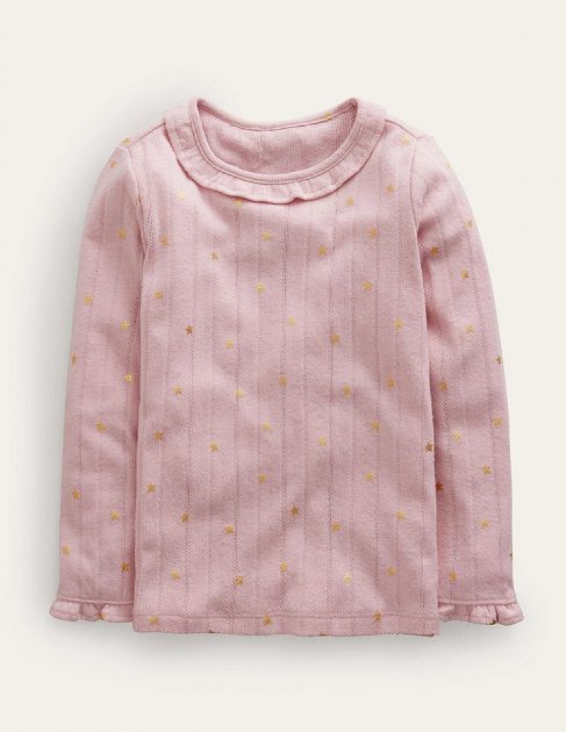 Pink Gold Kids\' Boden Ruffle Sparkle Pointelle Sweaters | 23579ZYWC