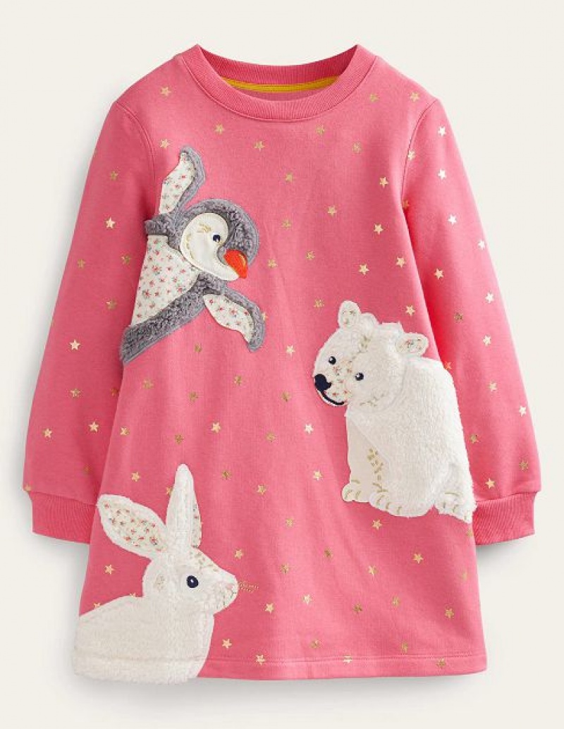 Pink Kids' Boden Cosy Appliqué Sweat Shirt Dress | 31980LOUC