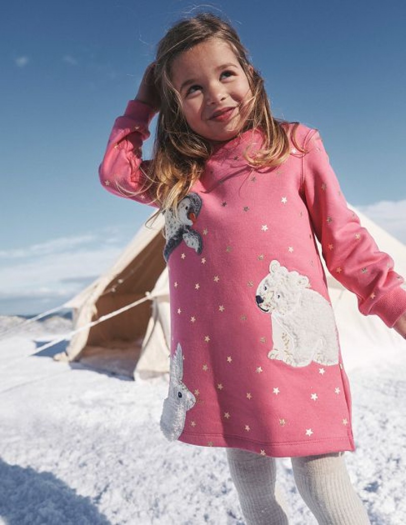 Pink Kids\' Boden Cosy Appliqué Sweat Shirt Dress | 31980LOUC