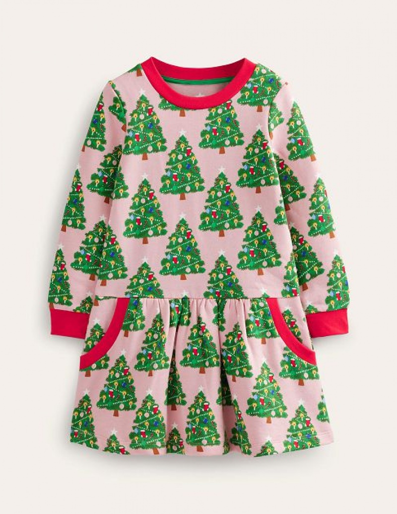 Pink Kids' Boden Cosy Printed Sweat Shirt Dress | 95704DHCK