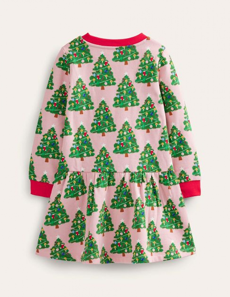 Pink Kids' Boden Cosy Printed Sweat Shirt Dress | 95704DHCK