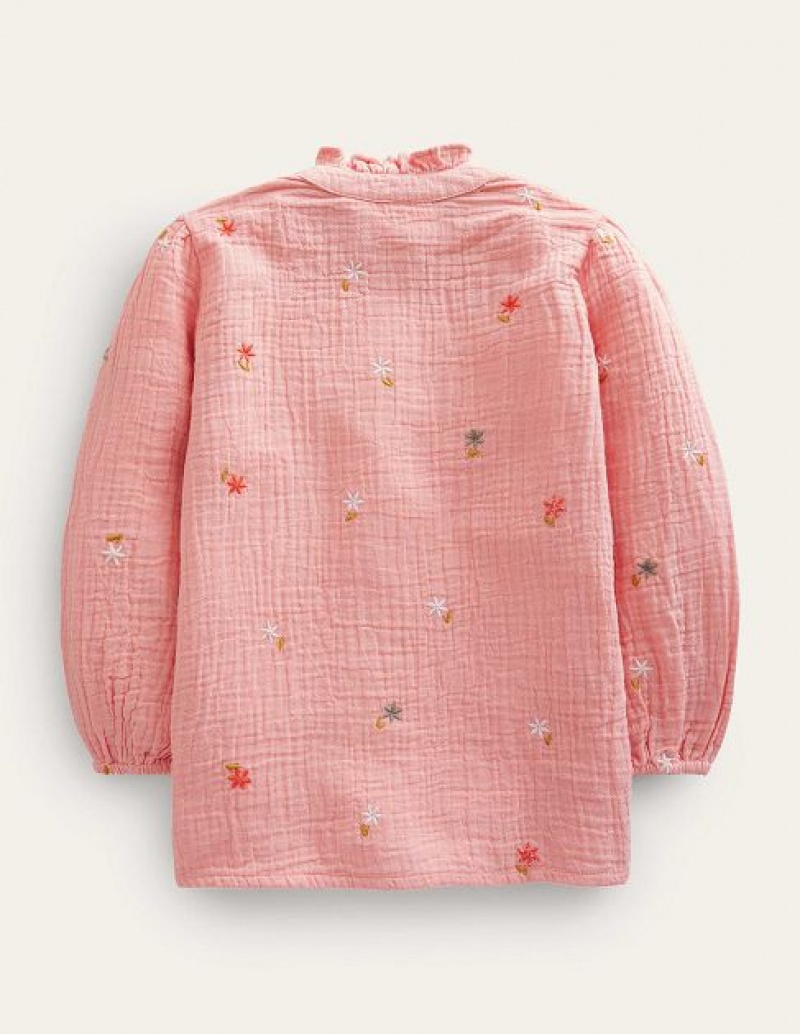 Pink Kids' Boden Double Cloth Embroidered Tops | 15273GTMW