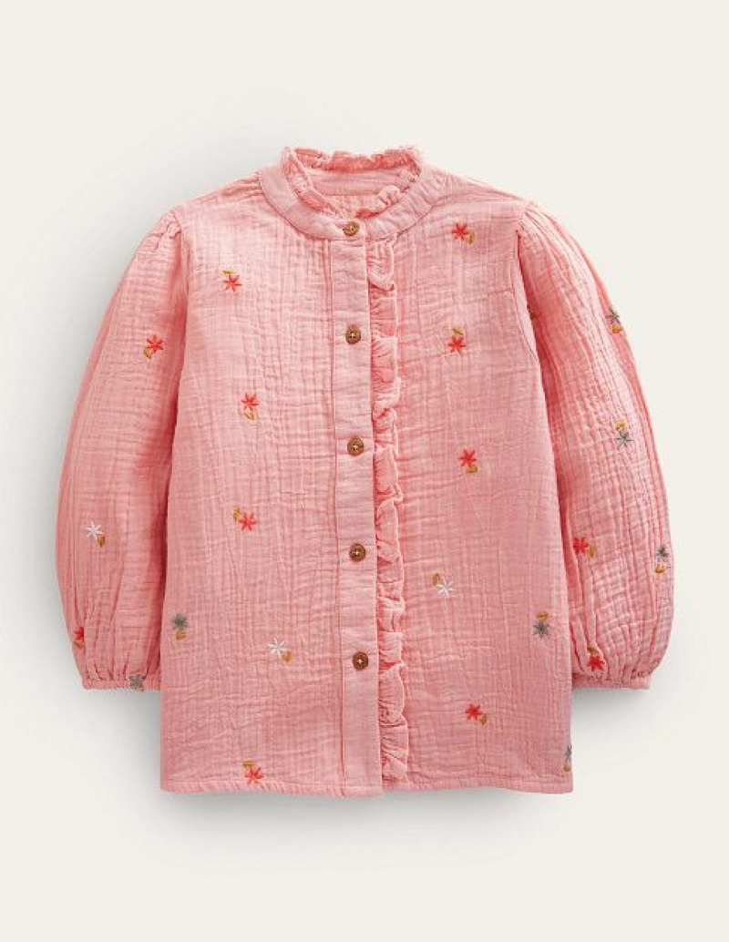 Pink Kids\' Boden Double Cloth Embroidered Tops | 15273GTMW