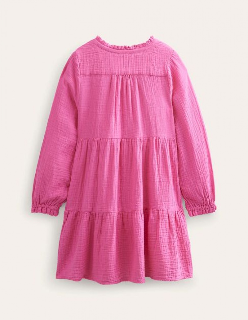 Pink Kids' Boden Double Cloth Tiered Dress | 09247RFAQ