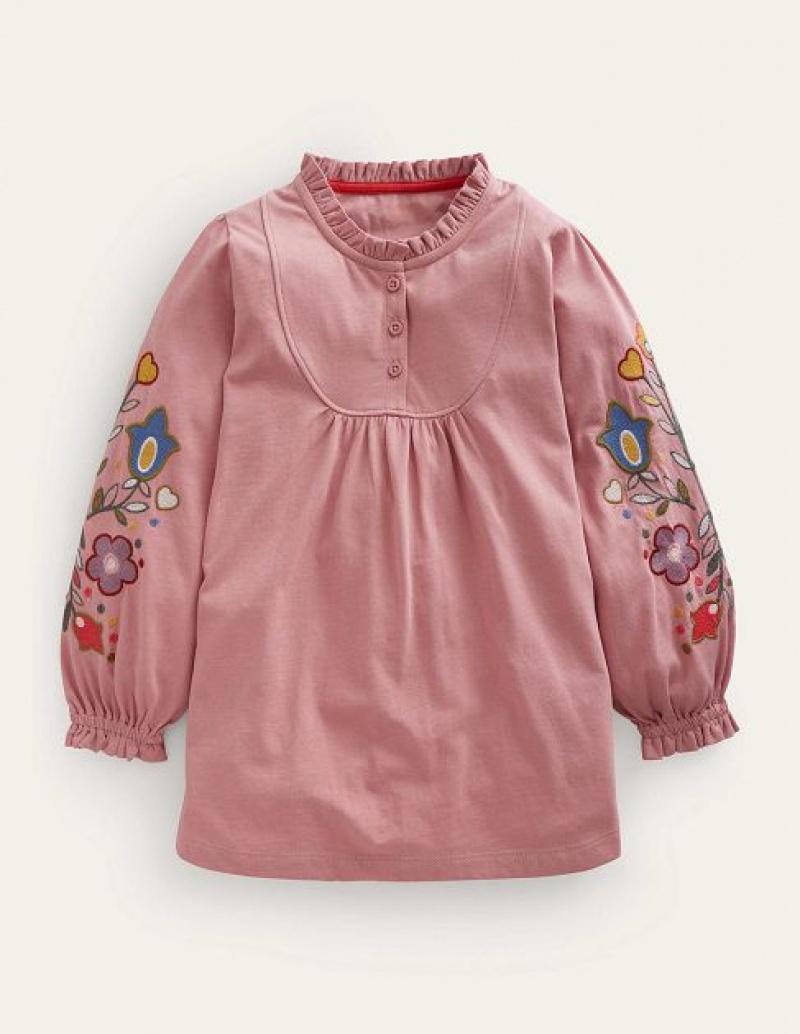 Pink Kids' Boden Embroidered Sleeve Tunic Sweatshirts | 54281TVWM