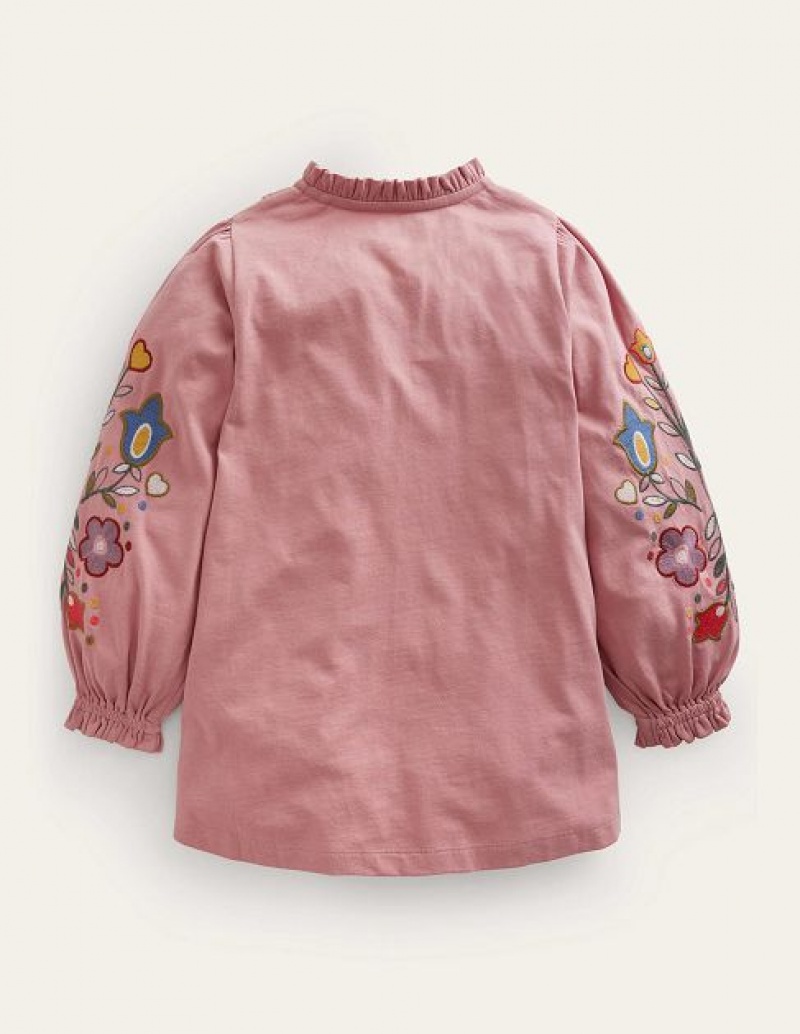 Pink Kids' Boden Embroidered Sleeve Tunic Sweatshirts | 54281TVWM