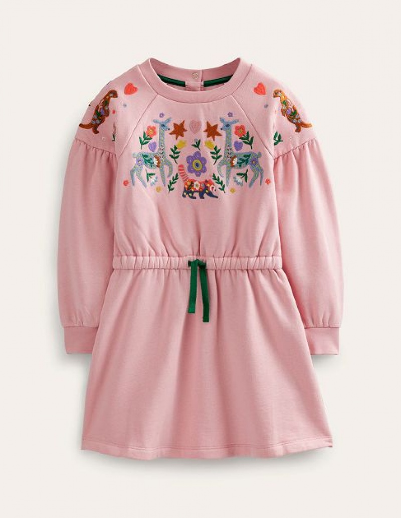 Pink Kids\' Boden Embroidered Sweat Shirt Dress | 58271NHYS