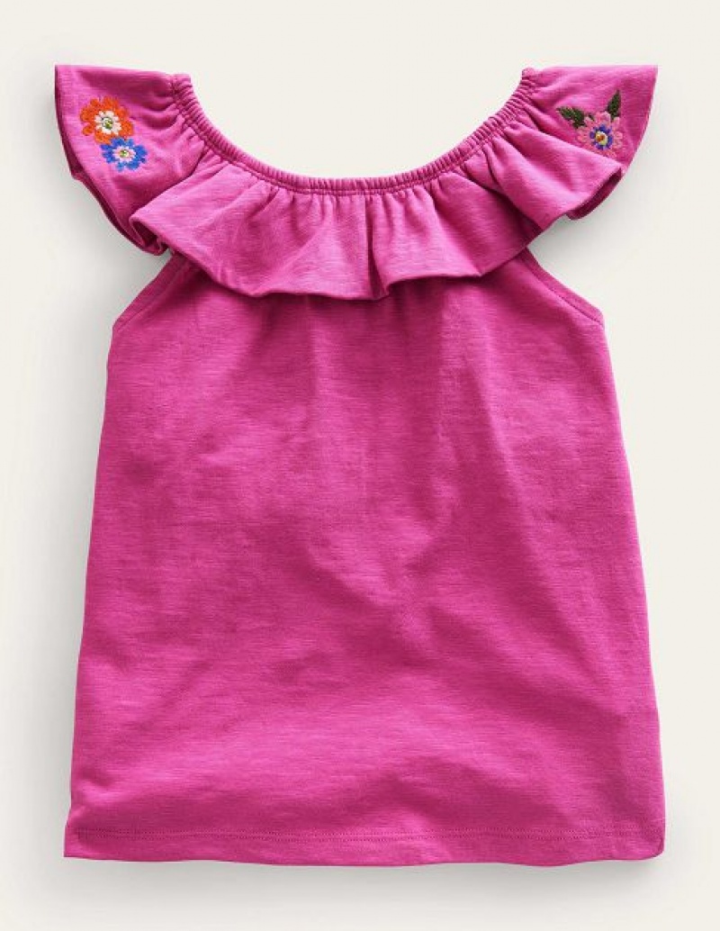 Pink Kids' Boden Frill Embroidered Tops | 42960GLEW