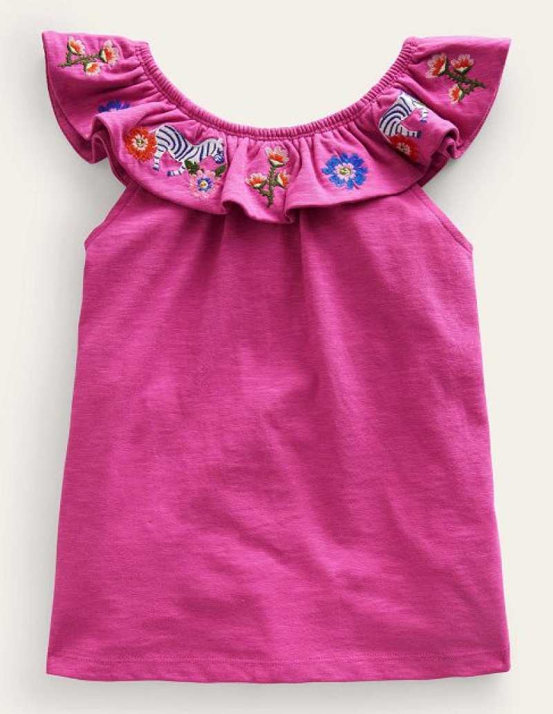 Pink Kids\' Boden Frill Embroidered Tops | 42960GLEW