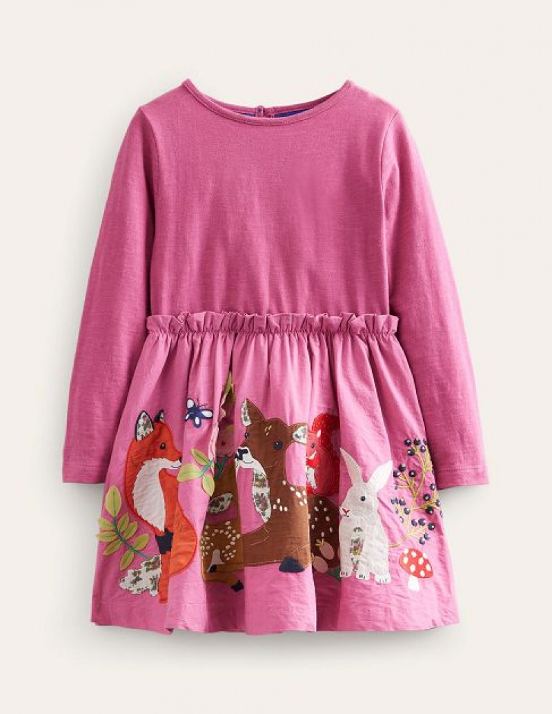 Pink Kids' Boden Jersey Woven Applique Dress | 49631LZAG