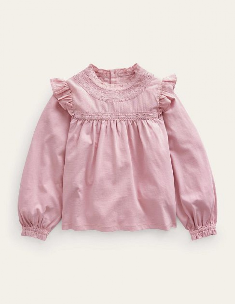 Pink Kids\' Boden Lace Detail Jersey Tops | 52674ZLNU