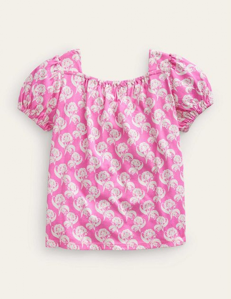 Pink Kids' Boden Printed Trim Tops | 30517ATKO