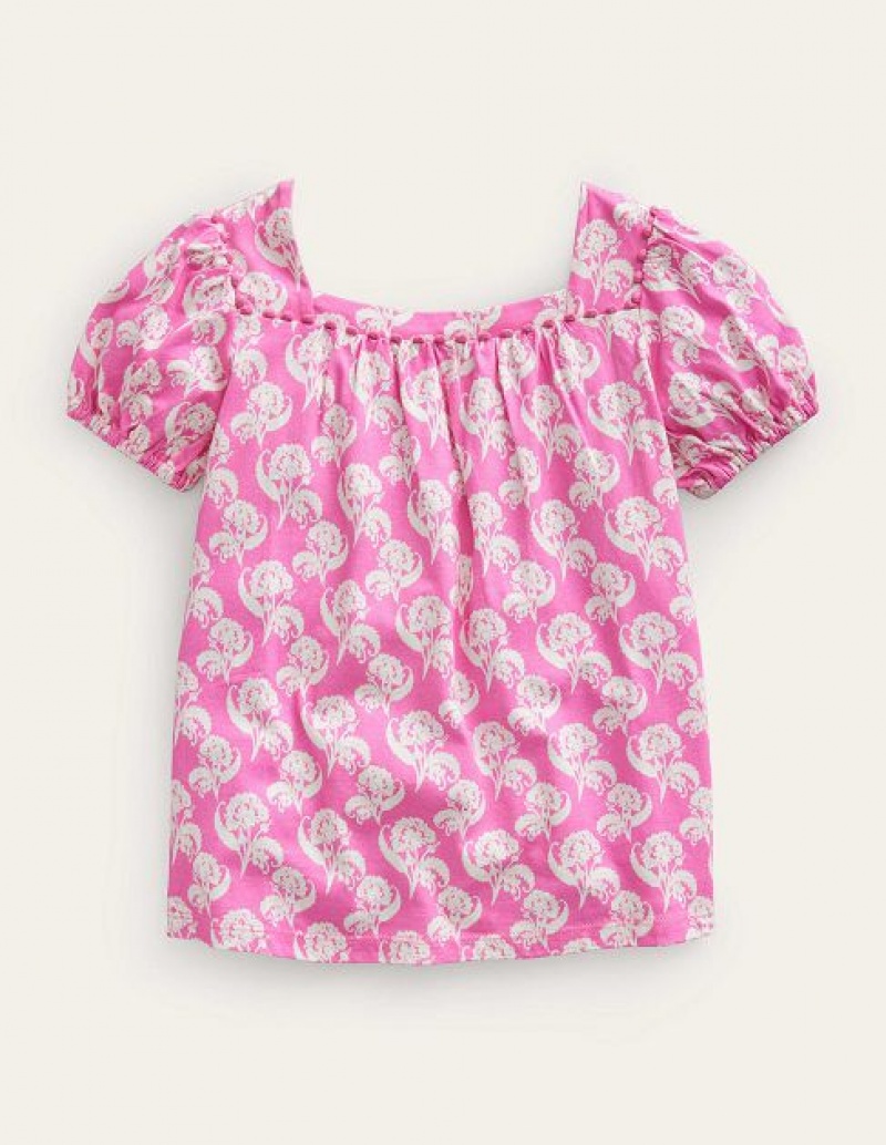 Pink Kids\' Boden Printed Trim Tops | 30517ATKO