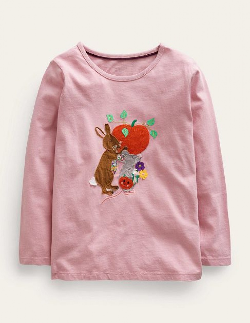 Pink Kids' Boden Puff Sleeve Appliqué T-Shirt | 74250KOGP