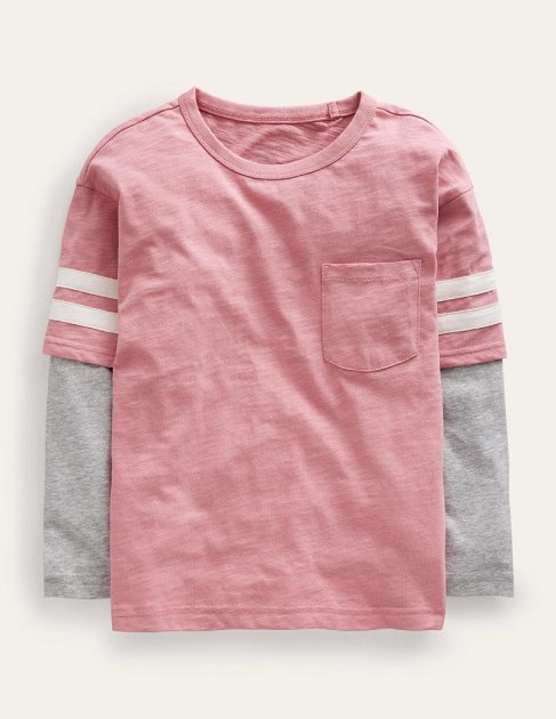 Pink Kids\' Boden Stripe Mock Sleeve T-Shirt | 30854QVJG