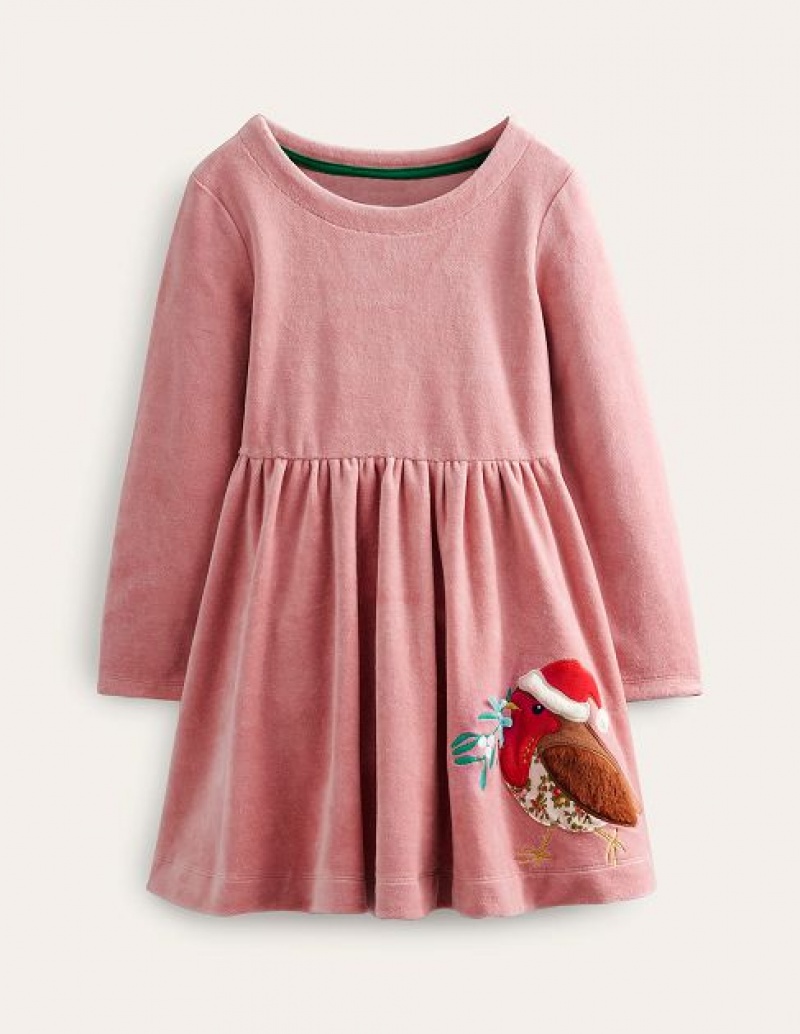 Pink Kids\' Boden Twirly Velour Appliqué Dress | 13574FVSK