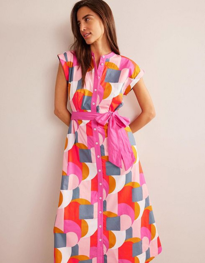 Pink Women's Boden Amanda Cotton Midi Shirt Dress | 97504OPKW