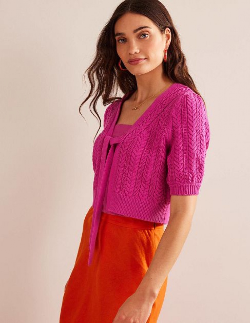 Pink Women's Boden Bow-trim Cropped Cardigan | 05834KUVI