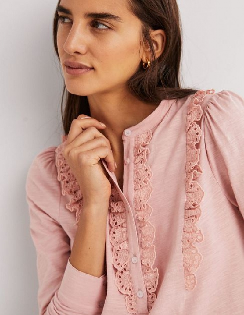 Pink Women's Boden Broderie Ruffle Jersey Tops | 07129FWYM